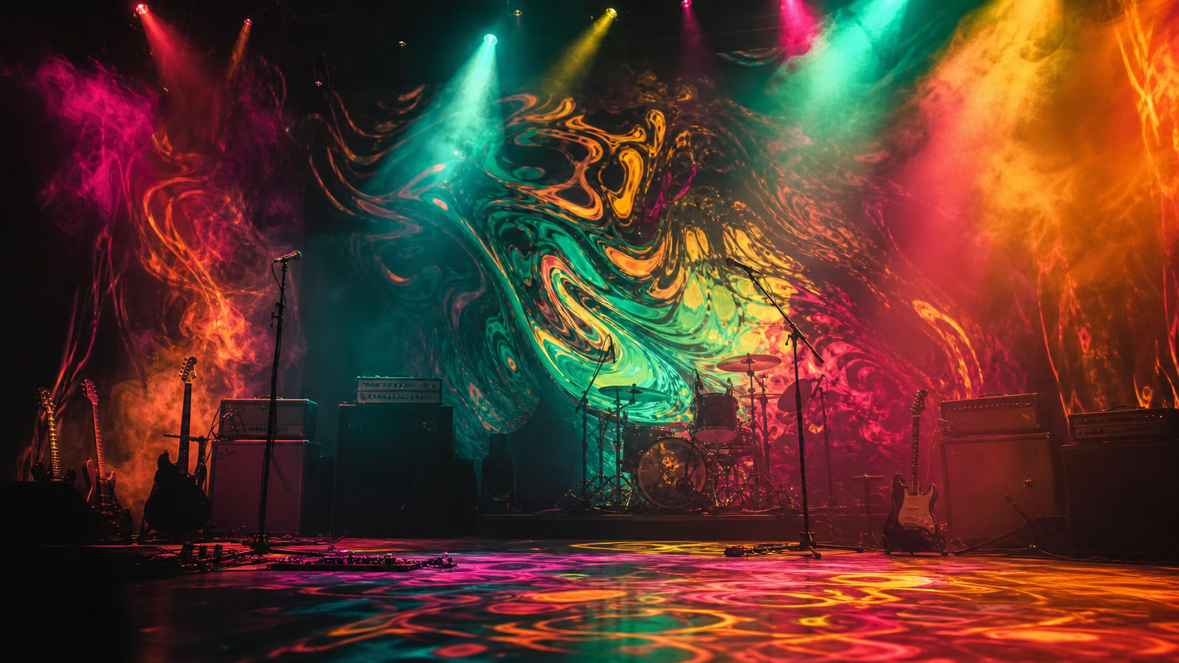 Psychedelic rock stage with colorful lights and instruments